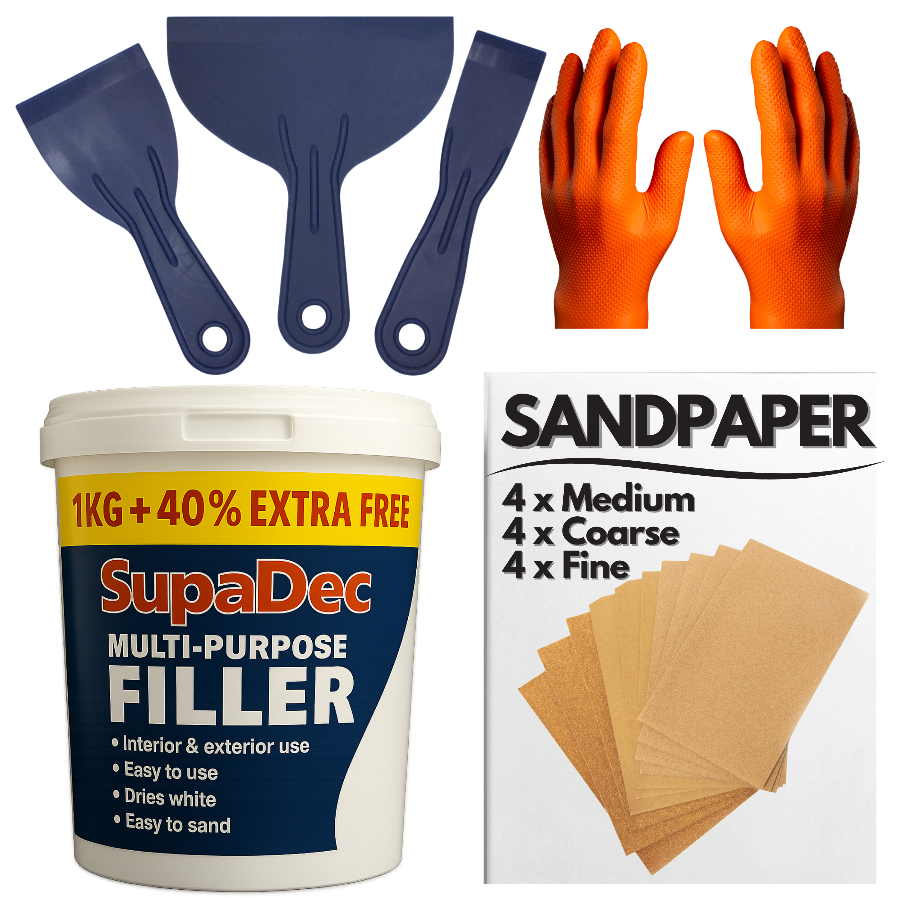Decex Wall Repair Kit With 1.4kg Ready Mixed Filler , 12 Assorted Sand Paper, Gloves & Plastic Filling Tools
