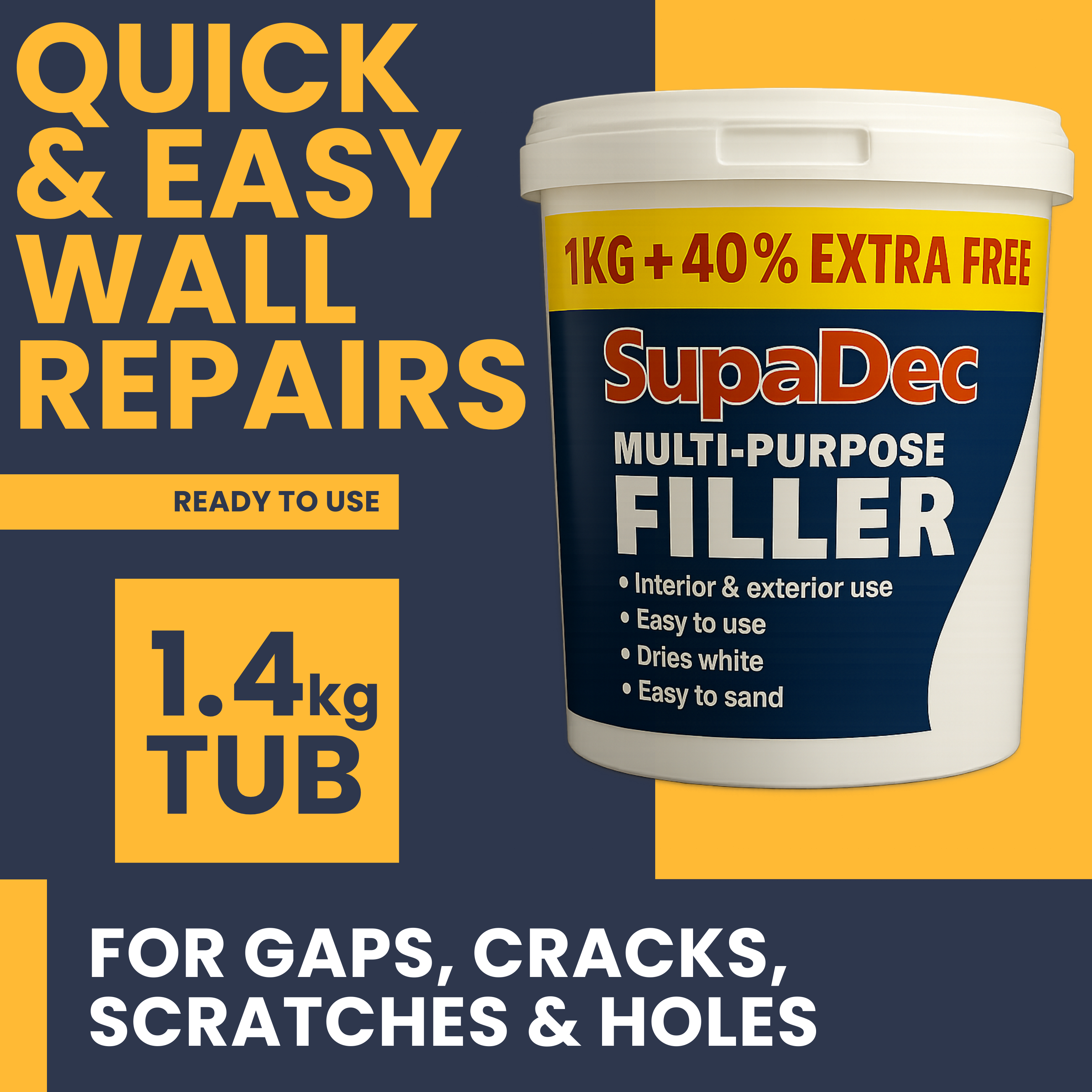 Decex Wall Repair Kit With 1.4kg Ready Mixed Filler , 12 Assorted Sand Paper, Gloves & Plastic Filling Tools