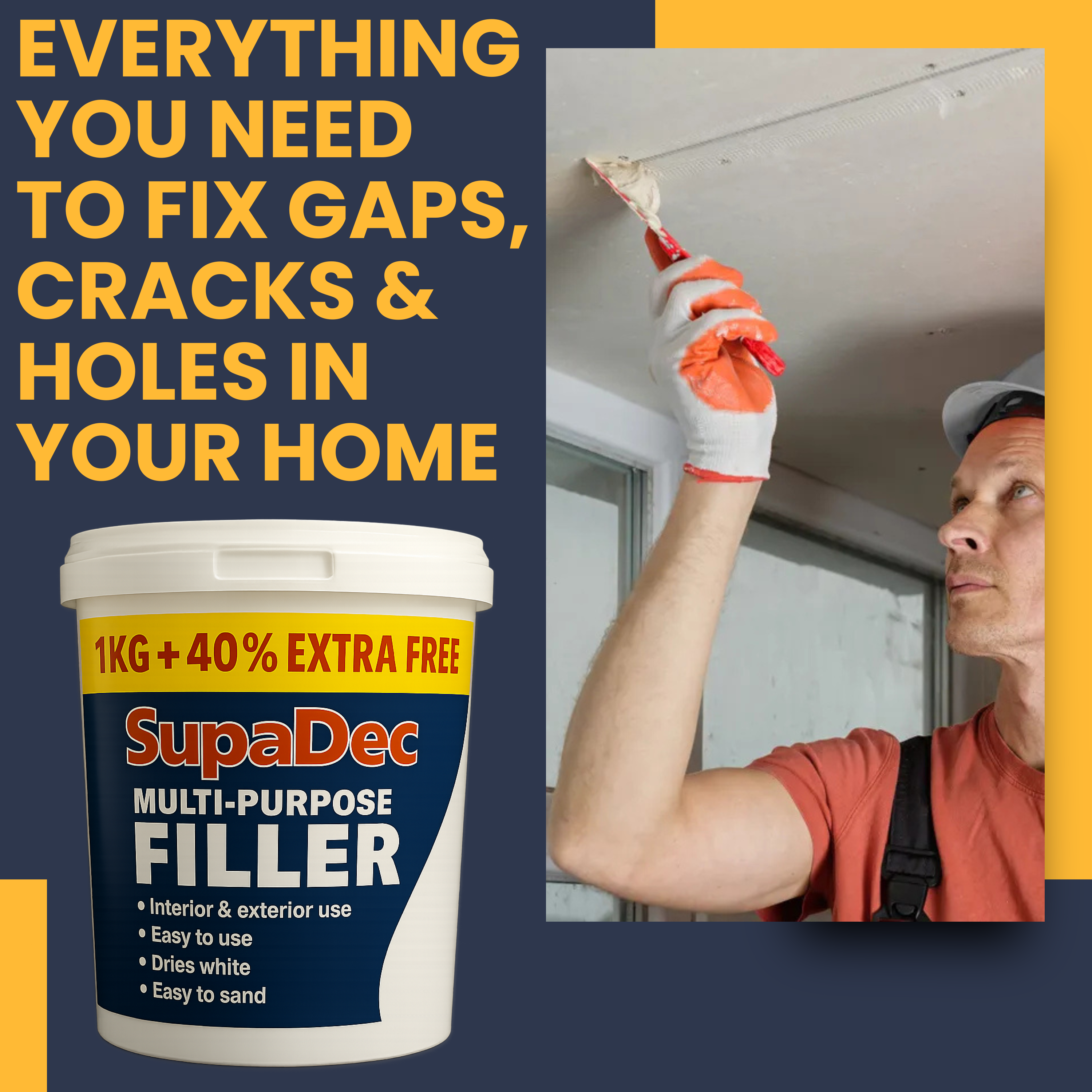 Decex Wall Repair Kit With 1.4kg Ready Mixed Filler , 12 Assorted Sand Paper, Gloves & Plastic Filling Tools