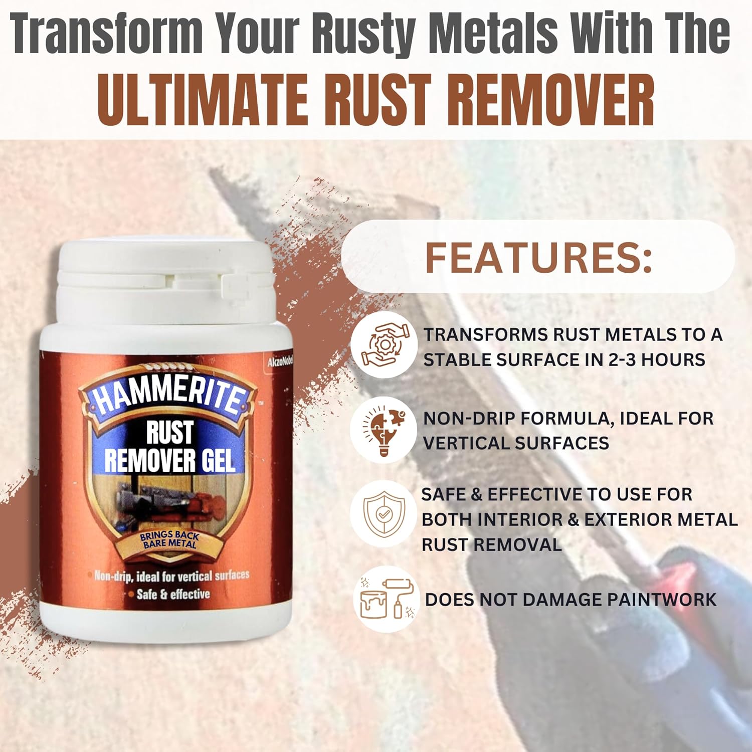 Decex Rust Remover Bundle with 100ml Hammerite Rust Remover Gel, Wire Brush Set (Nylon Steel Brass), Gloves & Paintbrush