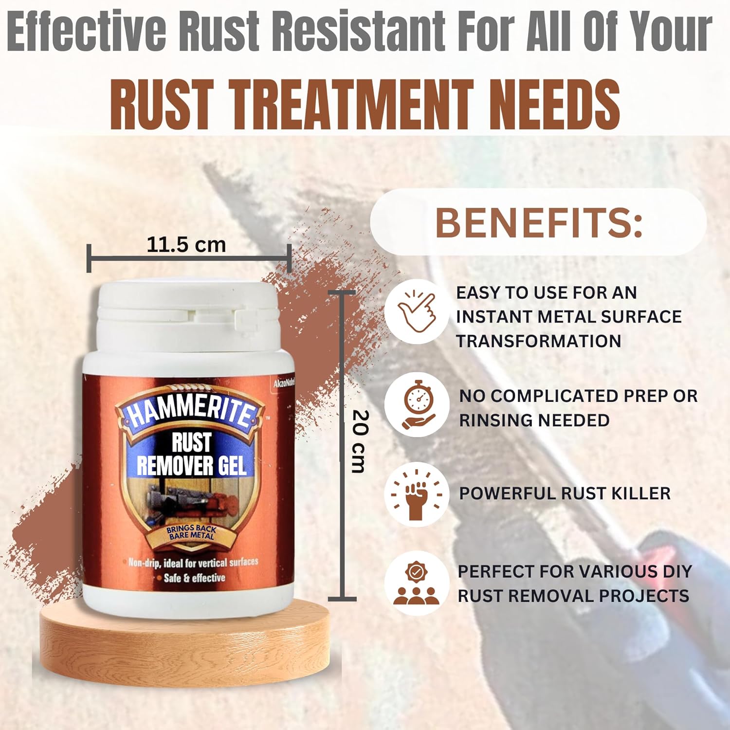 Decex Rust Remover Bundle with 100ml Hammerite Rust Remover Gel, Wire Brush Set (Nylon Steel Brass), Gloves & Paintbrush