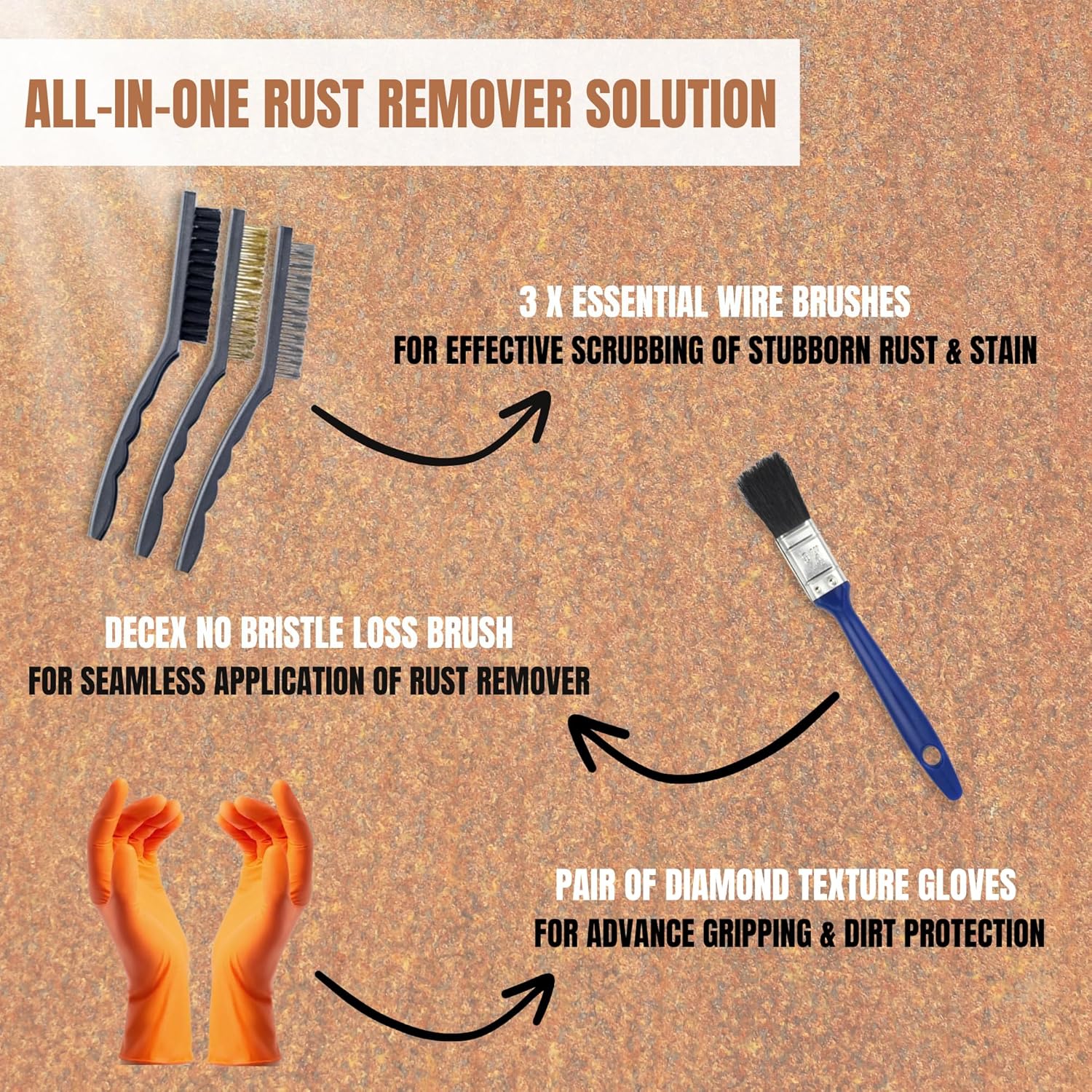 Decex Rust Remover Bundle with 100ml Hammerite Rust Remover Gel, Wire Brush Set (Nylon Steel Brass), Gloves & Paintbrush