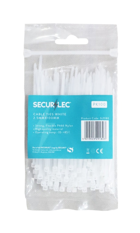 Securlec White Cable Ties 2.5mm X 100mm Pack 100