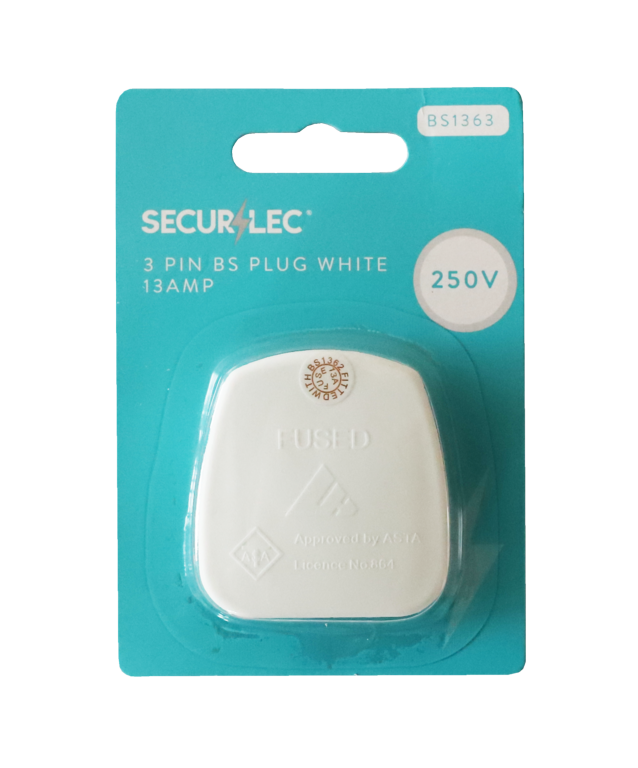 Securlec 13 A, 3 Pin Plug Fused 13 A To Bs1363, White Bubble Packed