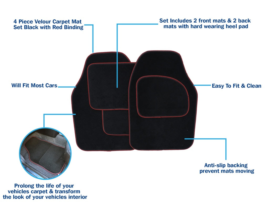 Streetwize Velour Carpet Mat Set With Coloured Binding 4 Piece Black/Red