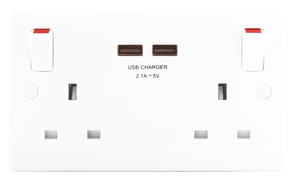 Bg 2 Gang 13a Switched Socket With Outboard Rockers + 2 X Usb (2.1 A) White