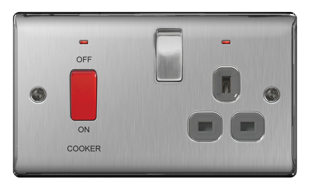 Bg Switched Neon Socket 13a Double Pole Brushed Steel