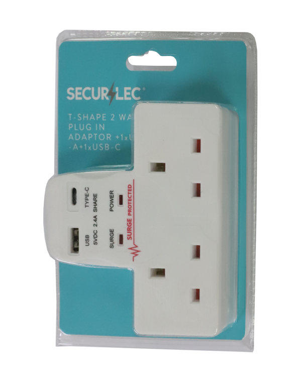 Securlec T Shape 2 Way Plug In Adaptor 1 X Usb A, 1 X Usb C 2100ma