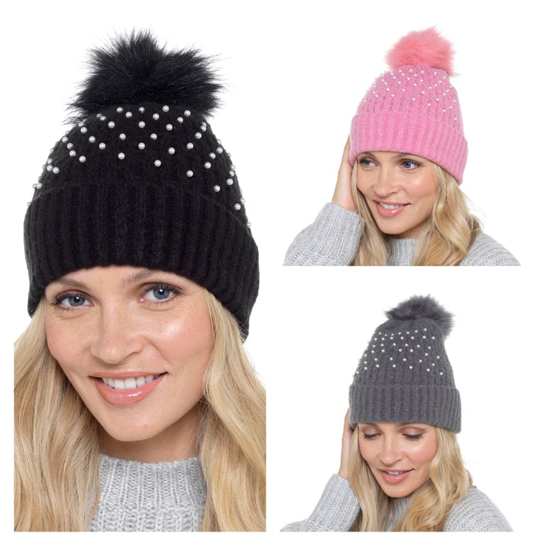 Rjm Ladies Rib Hat With Pearls & Bobble