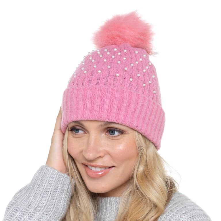 Rjm Ladies Rib Hat With Pearls & Bobble