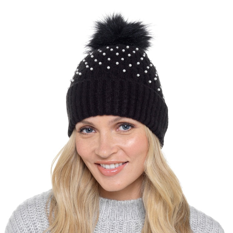 Rjm Ladies Rib Hat With Pearls & Bobble