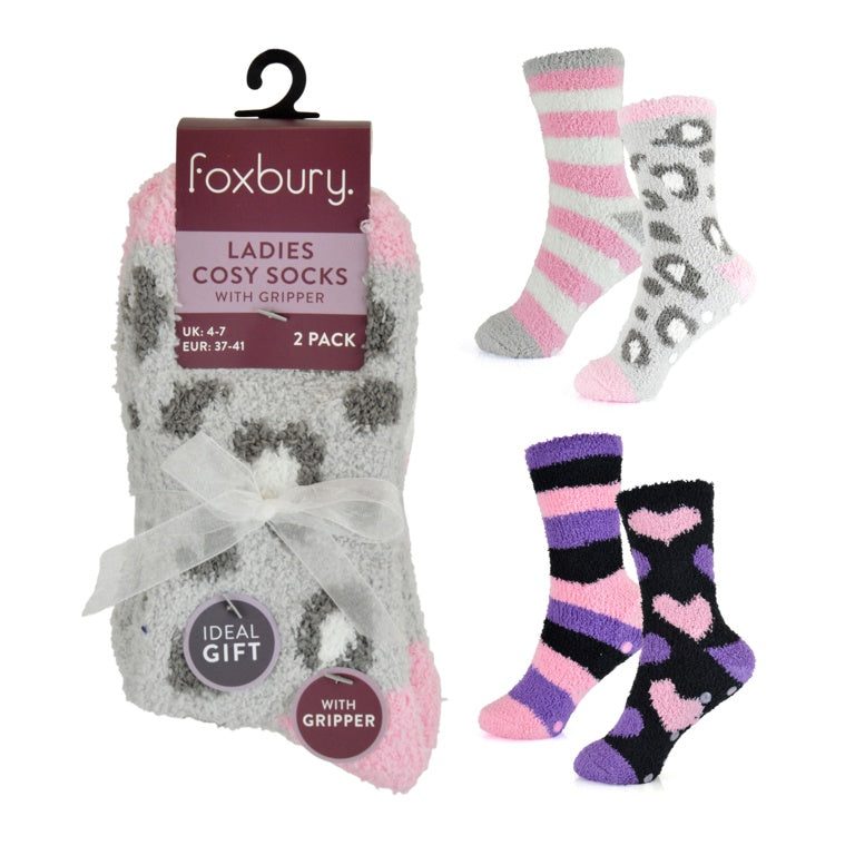 Rjm Ladies Design Cosy Socks With Gripper 2 Pack