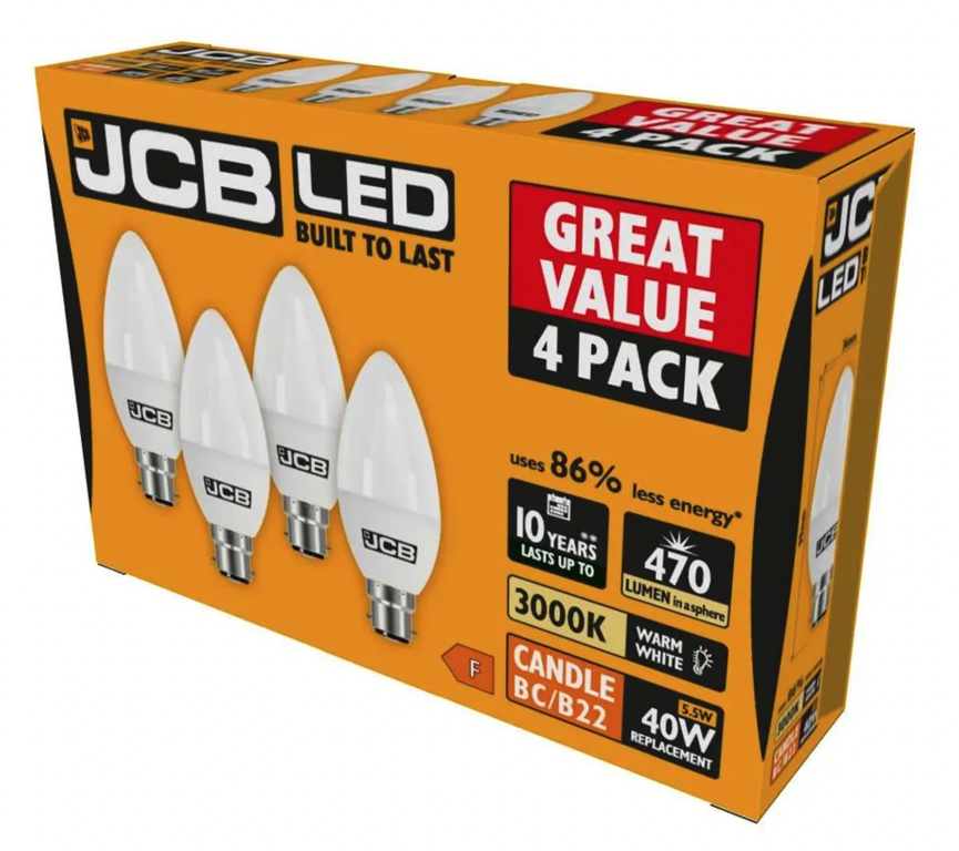 Jcb Candle Bc 3000k B22 Warm White 6w Pack 4