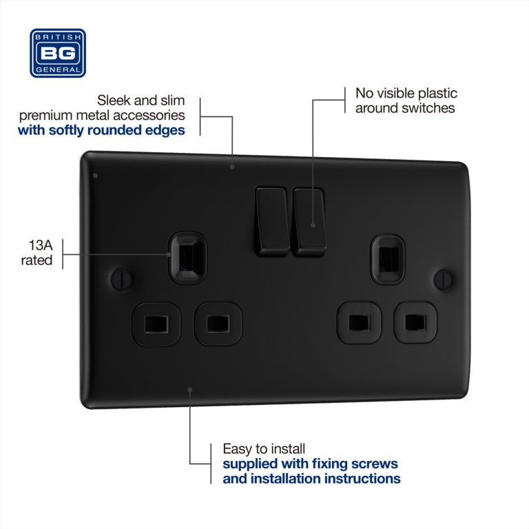 Bg Double Switched Power Socket Matt Black 13a