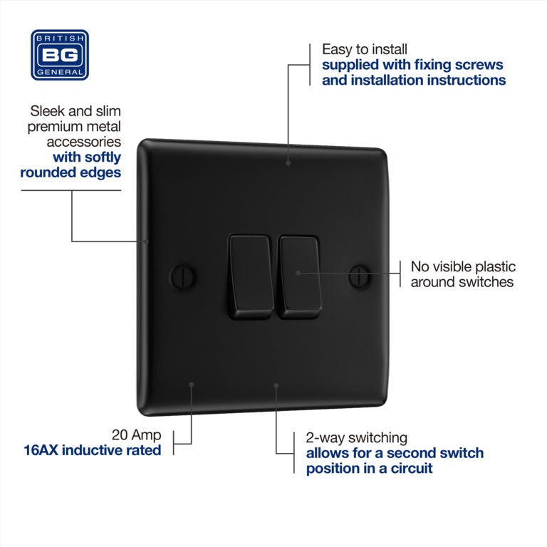 Bg Double Switch 16ax 2 Way 20a Matt Black