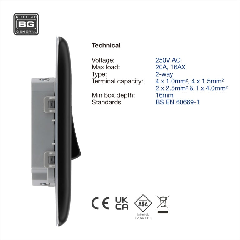 Bg Double Switch 16ax 2 Way 20a Matt Black