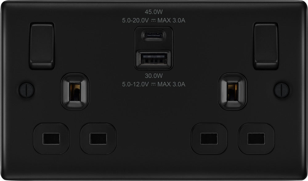 Bg Double Power Socket With Usb 13a Matt Black