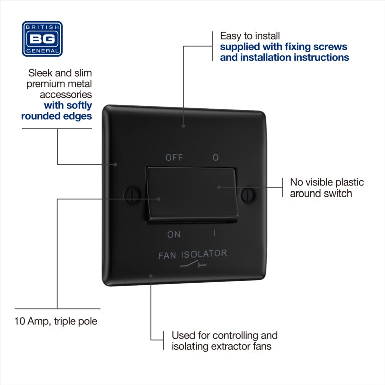 Bg Matt Black Fan Isolator Switch 10a