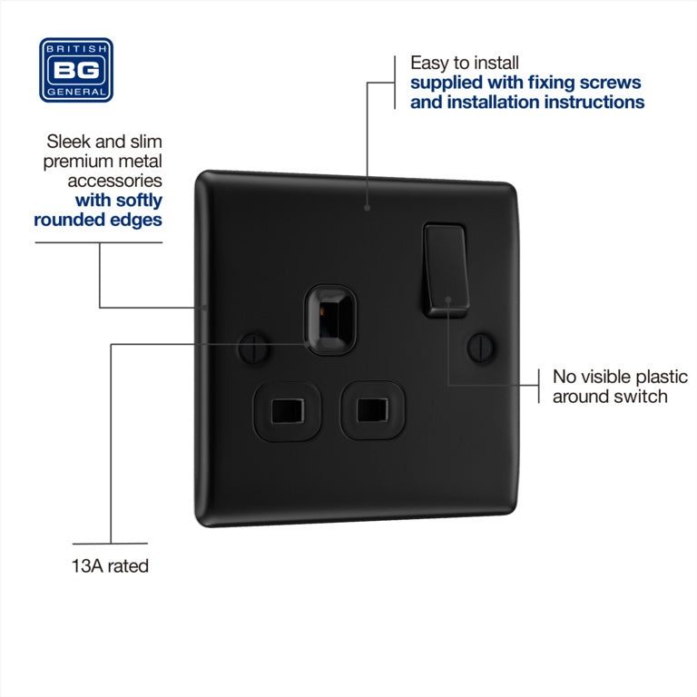 Bg Single Switched Power Socket 13a Matt Black