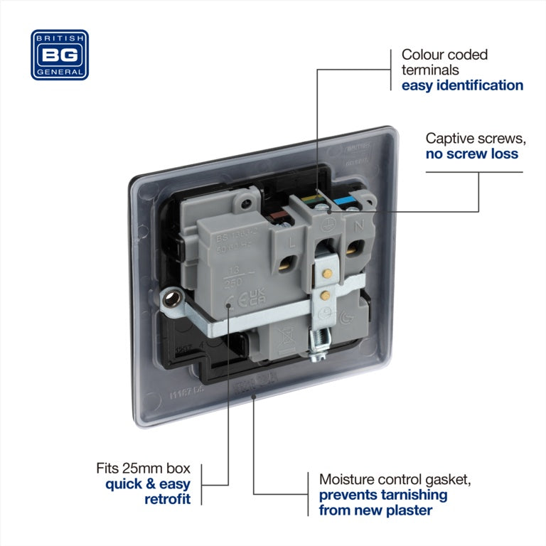 Bg Single Switched Power Socket 13a Matt Black