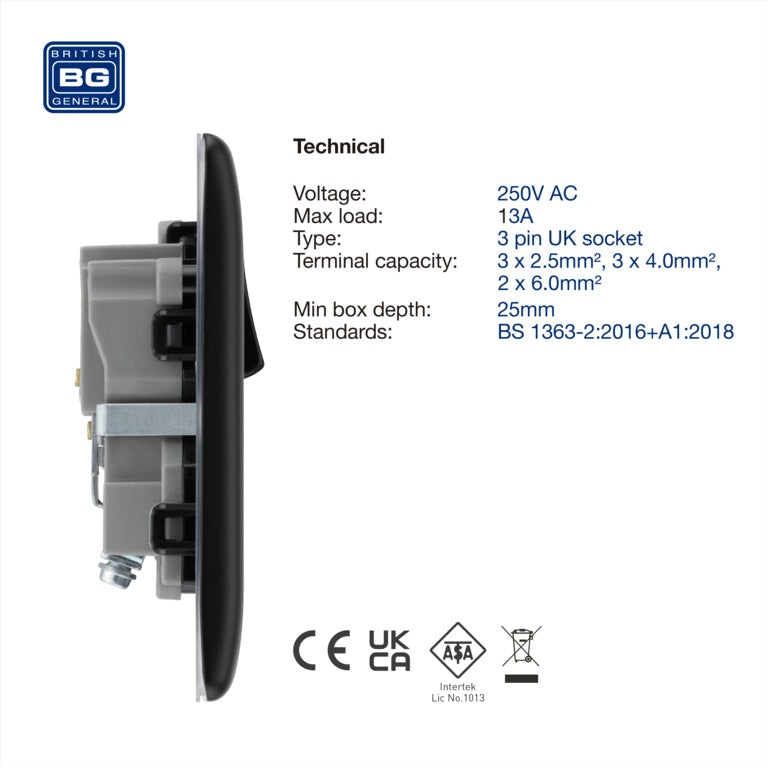 Bg Single Switched Power Socket 13a Matt Black