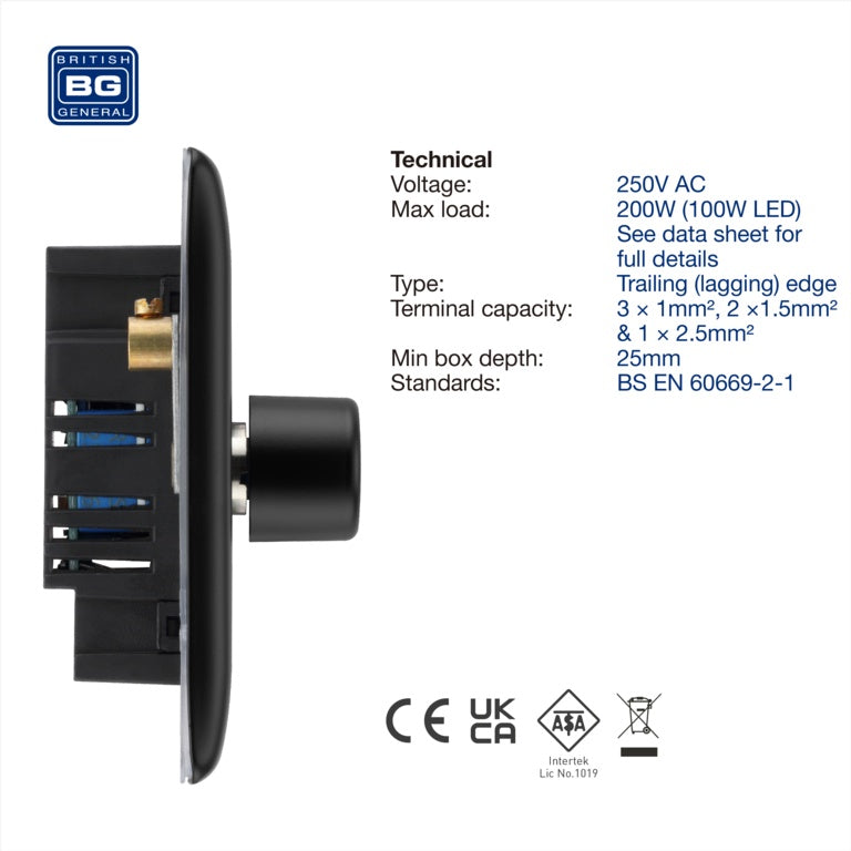 Bg Single Dimmer Switch 200w Matt Black