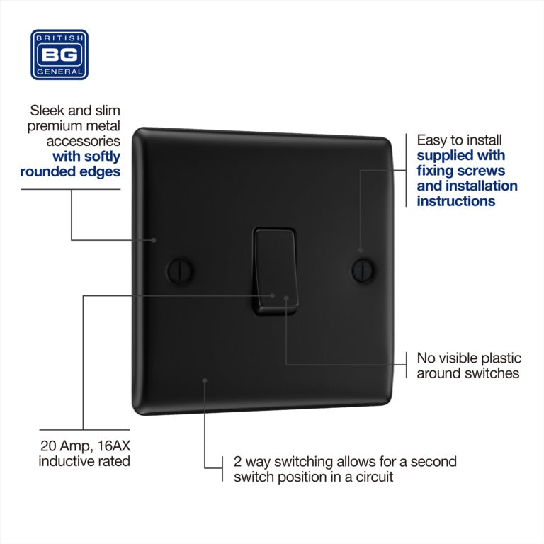 Bg Single Switch 16ax 2 Way 20a Matt Black