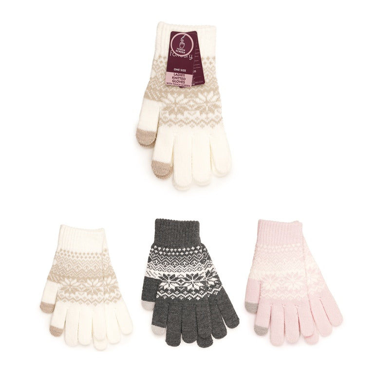 Rjm Ladies Touch Screen Brushed Gloves Fairisle Knitting