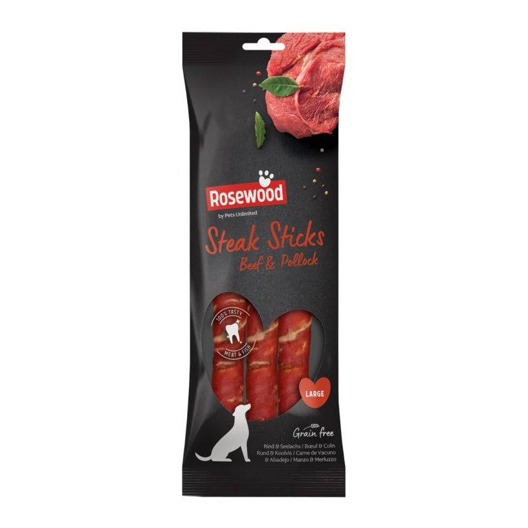 Rosewood Steak Sticks Beef & Pollock Dog Treats Pack 3 Large