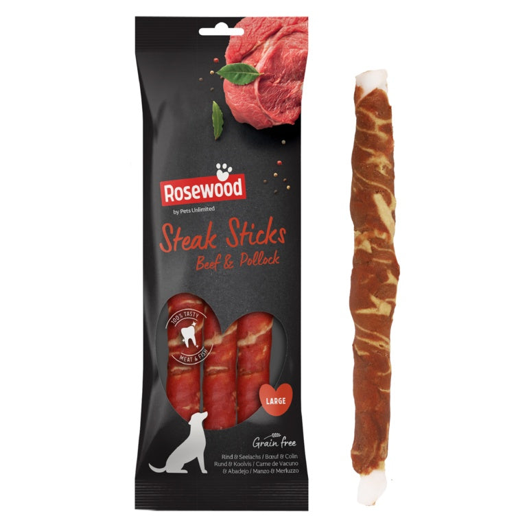 Rosewood Steak Sticks Beef & Pollock Dog Treats Pack 3 Large