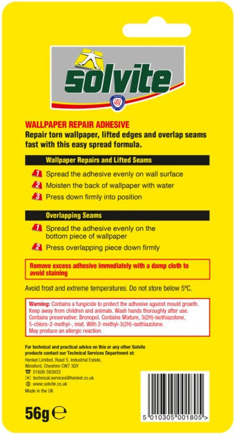 Yellow Solvite wallpaper repair adhesive packaging card with product instructions, barcode, and 56g weight printed on a white background.