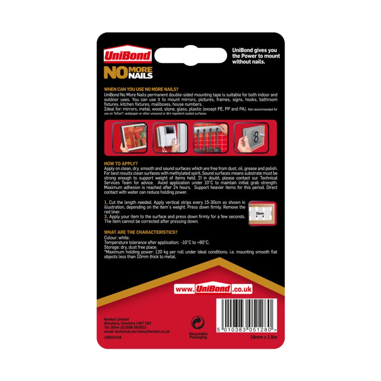 Uni Bond No More Nails On A Roll Double Sided Permanent Ultra Strong 19mm X 1.5m