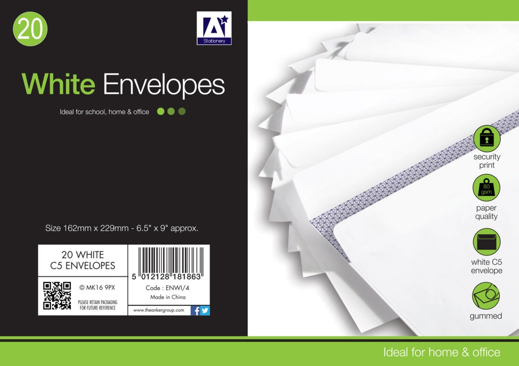 Anker White Gummed Envelopes Pack 25 162mm X 229mm