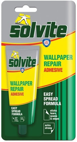 Solvite wallpaper repair adhesive packaging on a white background