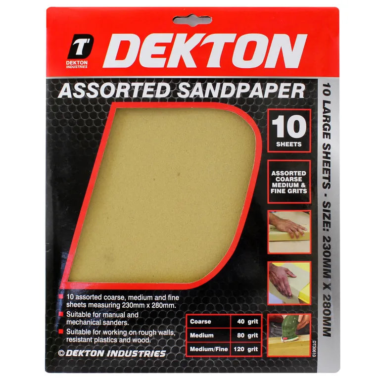 Dekton Assorted Sandpaper - 10 Sheets - Fine Medium Coarse - 40 60 120 Grit